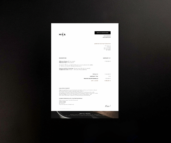 Modèle de notes d'honoraires pour architecte d’intérieur, document Canva professionnel par Mahera Design Store.