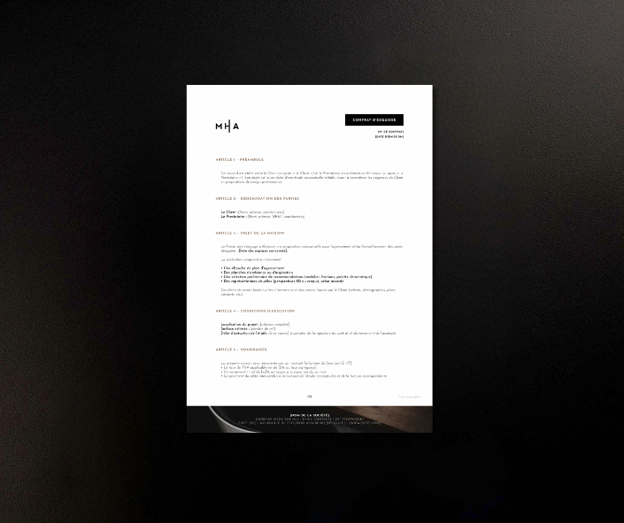 Modèle de Contrat d’Esquisse pour architecte d’intérieur, document Canva professionnel par Mahera Design Store.