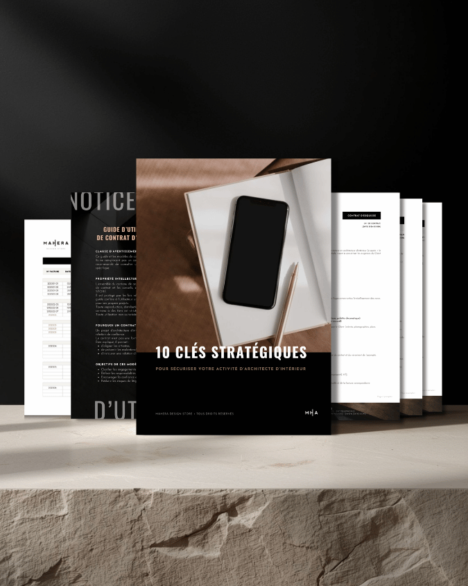 Pack de modèles de contrats personnalisables, et guide pour architectes d'intérieur, prêts à l’emploi par Mahera Design Store.