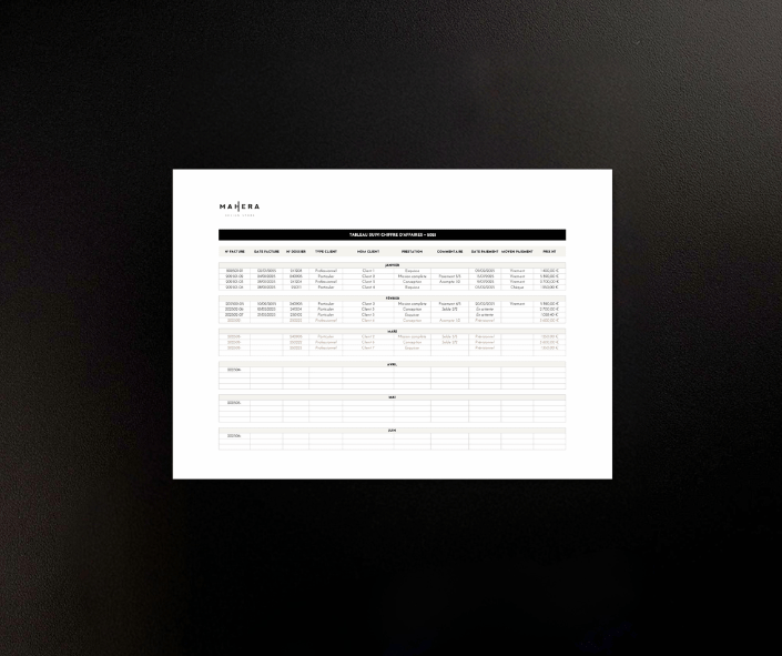 Modèle de tableau Excel de suivi de facturation pour architectes d’intérieur, Mahera Design Store.