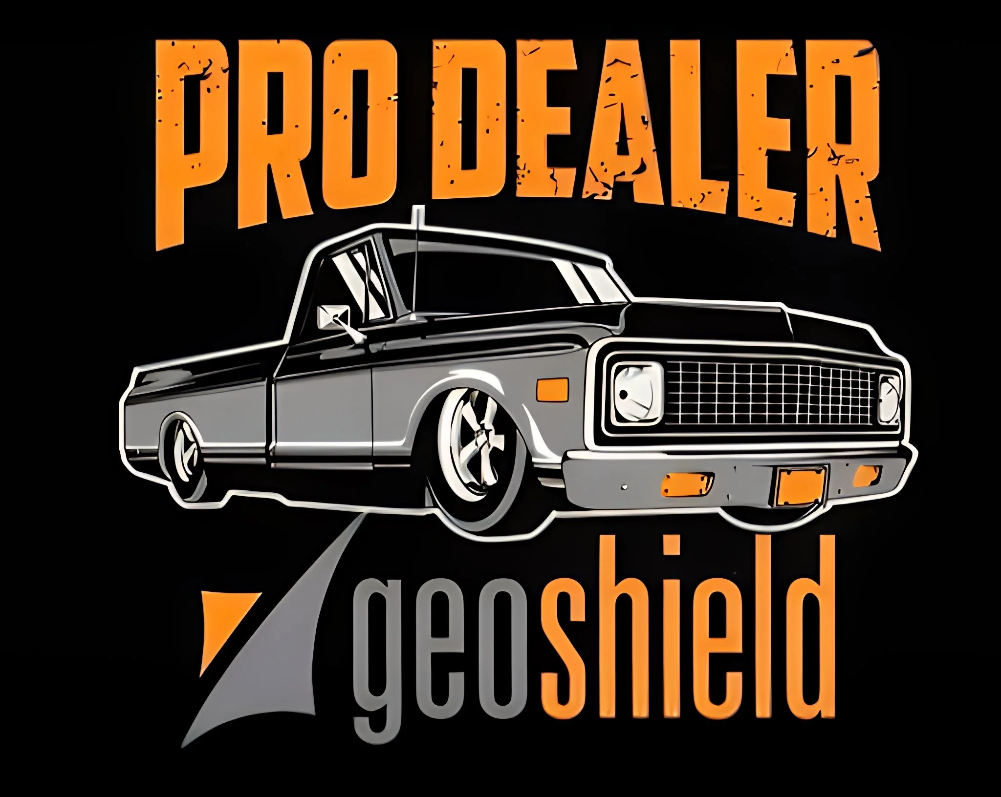 A graphic illustration of a vintage black and gray pickup truck with orange accents, set against a black background. The text 'PRO DEALER' is above the truck in large orange letters, and ' geshied' is below in gray and orange letters, with a stylized road graphic underneath.