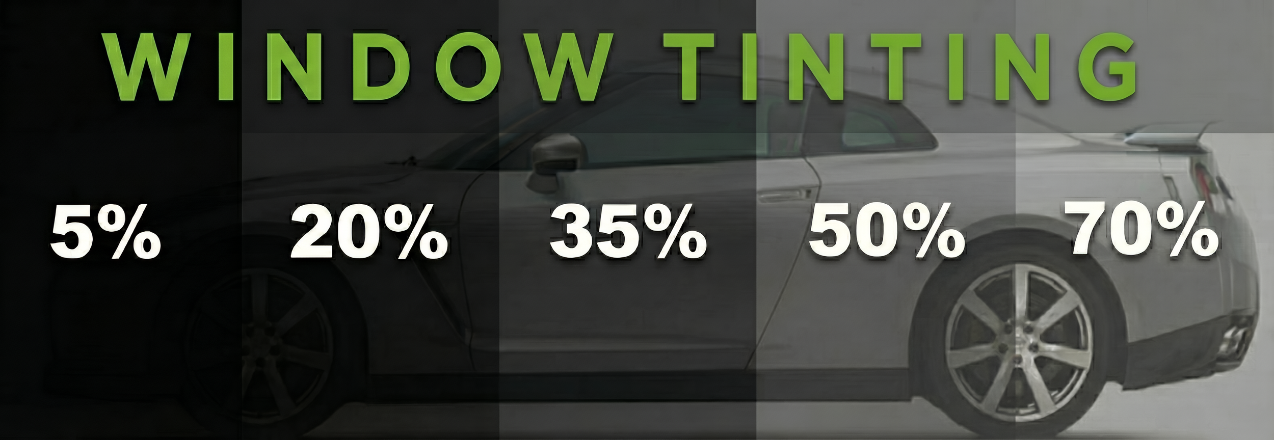 A car with a window tinting discount chart overlaid, showing percentage discounts from 5% to 70%.