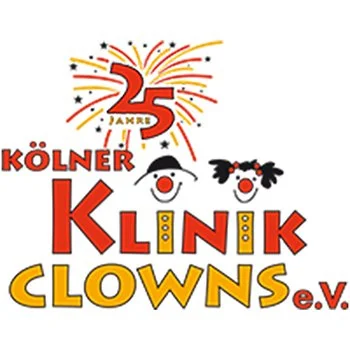 Logo des Kölner Klinik Clowns e.V. mit einem Feuerwerk, die Zahl 25, und zwei lachende Clown-Gesichter, inklusive bunten Buchstaben.