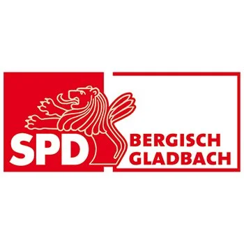 Logo der SPD Bergisch Gladbach, rotes und weißes Design mit Löwen und Text.