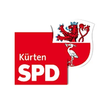 Logo der SPD Kürten mit rotem und weißem Hintergrund, einem roten Löwen und einem weißen Storch.