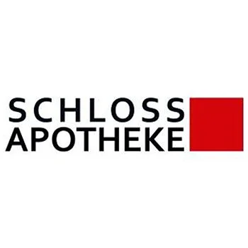 Logo der Schloss Apotheke mit schwarzer Schrift und rotem Quadrat auf weißem Hintergrund.