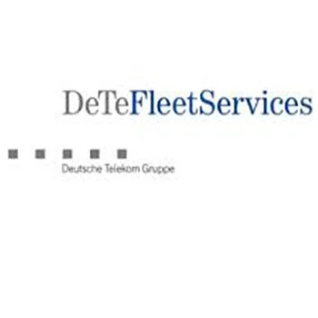 Logo von DeTeFleetServices mit Text und Symbolen, darunter Deutsche Telekom Gruppe.