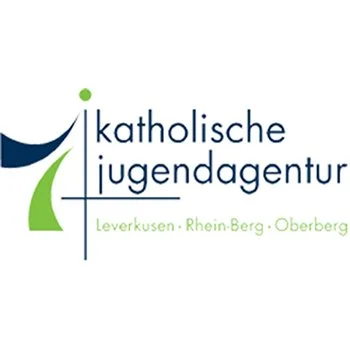 Logo der katholischen Jugendagentur mit blauen und grünen Elementen und Text 'katholische jugendagentur Leverkusen · Rhein-Berg · Oberberg'.