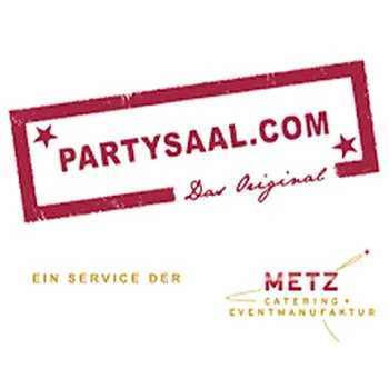 Logo mit Text 'PARTYSAAL.COM Das Original', darunter 'EIN SERVICE DER METZ CATERING EVENTMANUFAKTUR'
