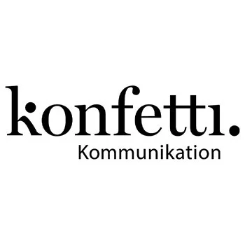 Logo mit dem Text 'konfetti. Kommunikation' in schwarzer Schrift auf weißem Hintergrund.