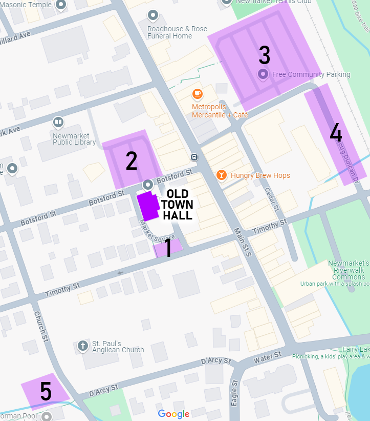 A map showing several parking areas near the Old Town Hall in Newmarket, Ontario