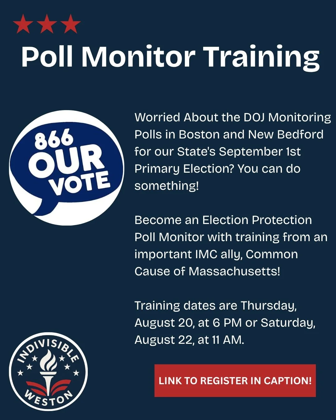 You must sign up using this two-step process: first to attend the Poll Monitor Training and then to select a shift at a polling location. 

To register: Go to protectthevote.net or copy the link
https://protectthevote.net/?source=IMC&amp;link_id=6&am
