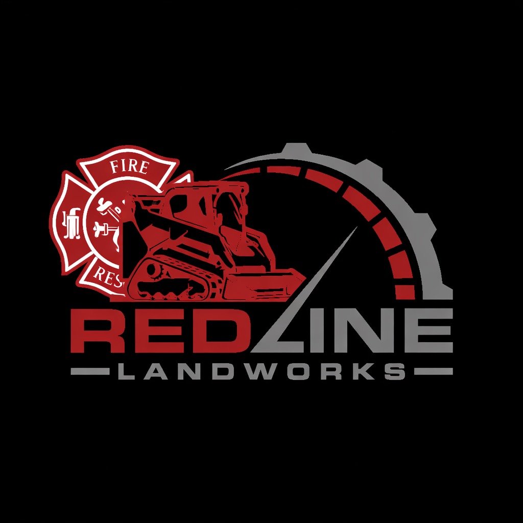 A logo for Redline Landworks featuring a red bulldozer, a fire department badge, and a speedometer needle on a black background.