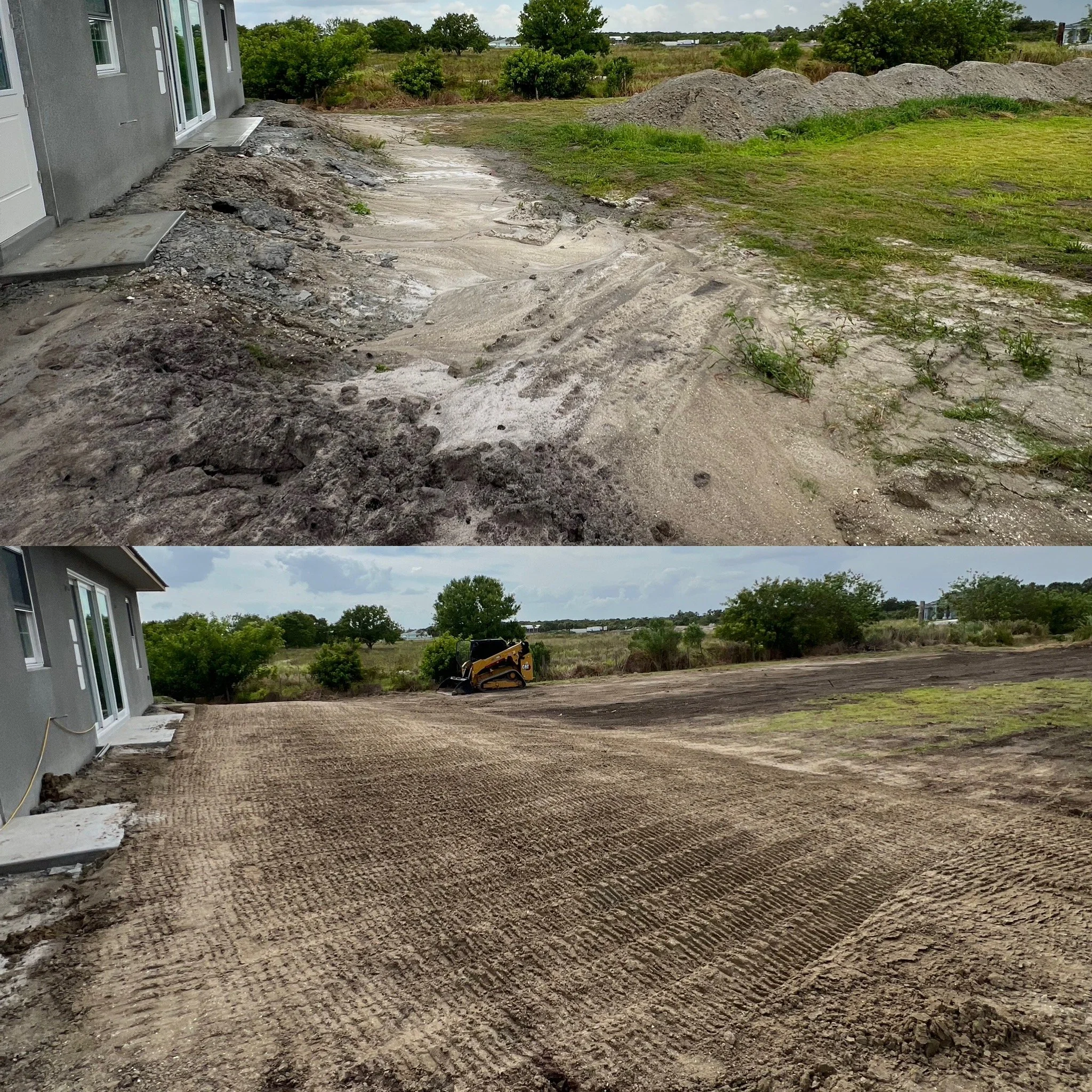 Tractor moving dirt for a construction site in Florida’s sandy terrain.