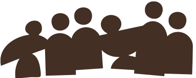 Silhouette of a group of six people interacting, with one person pointing or gesturing.