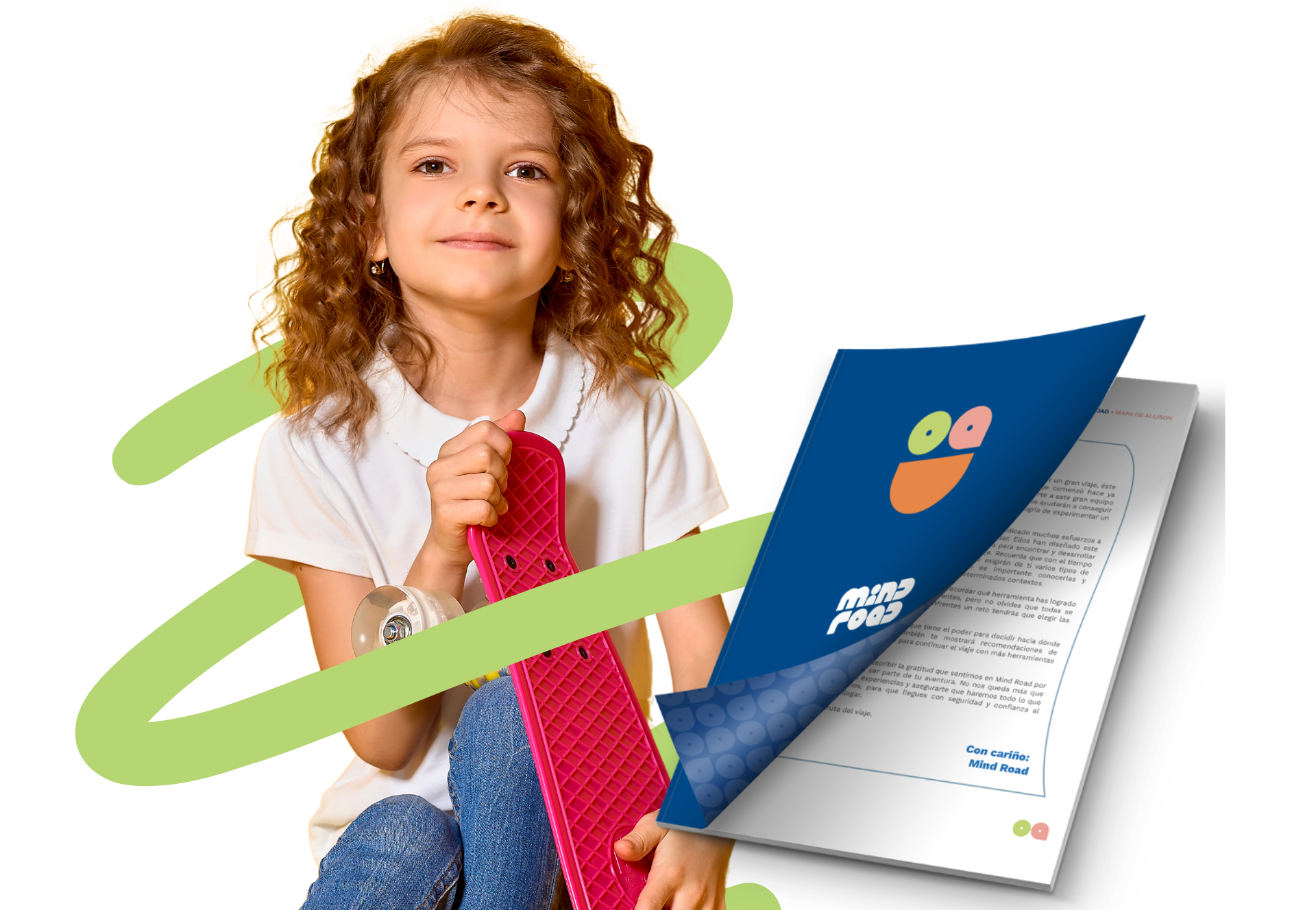 Una niña con cabello rizado rubio y usando una camiseta blanca, sostiene un patín rosa y un libro con una carátula azul y un dibujo de cara sonriente, en un fondo blanco.