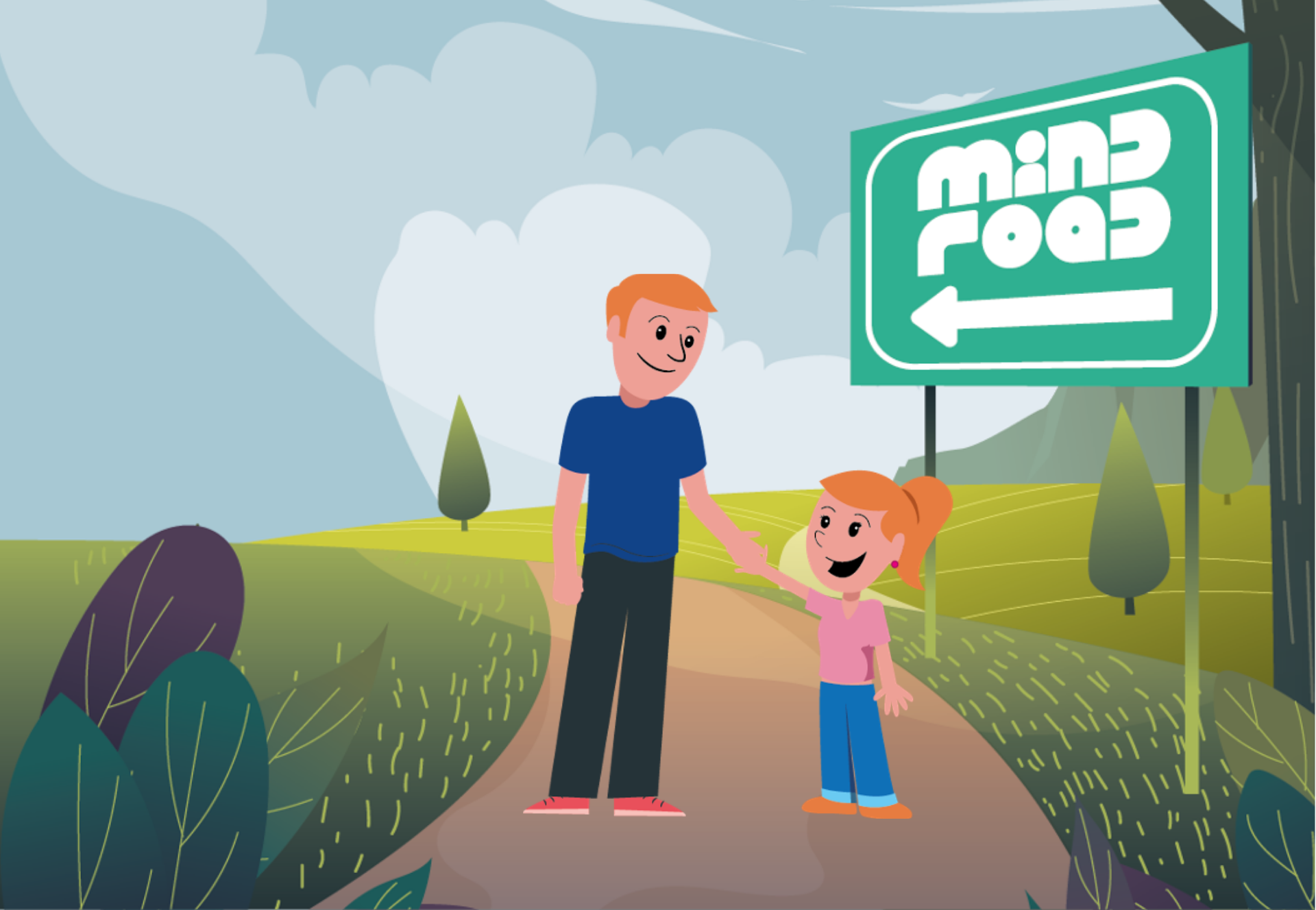 Un adulto y una niña caminando por un sendero en el campo, con un cartel que indica la dirección a un lugar llamado 'Minifoods'.