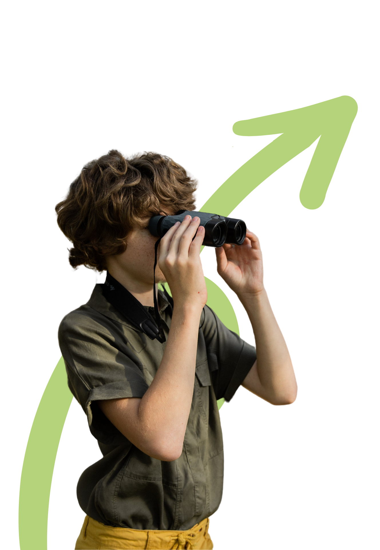 Joven con camiseta de manga corta mirando a través de binoculares.