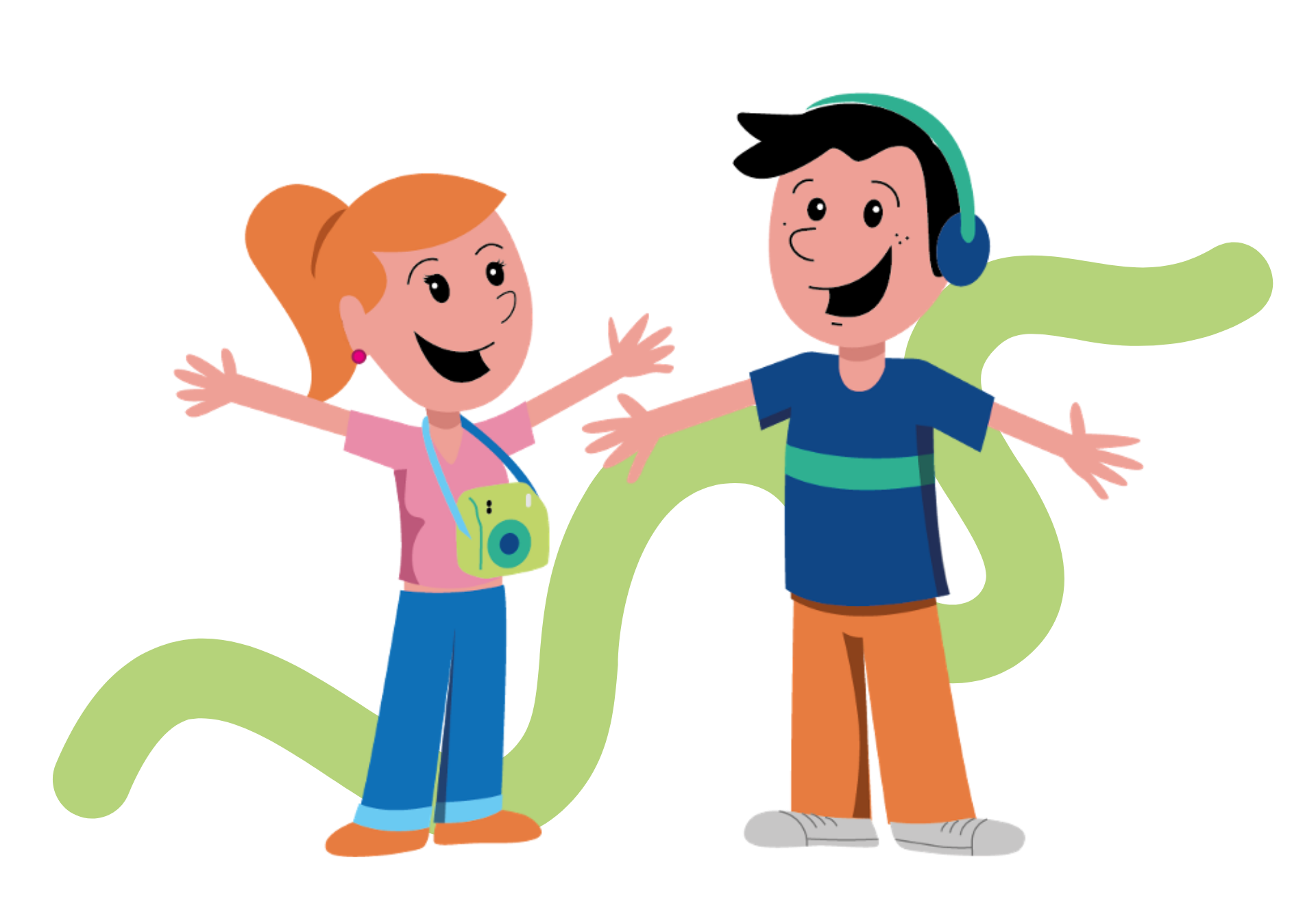 Dibujo de dos niños felices abrazándose, una niña con mochila y cámara, un niño con auriculares y camiseta azul, en un fondo colorido.
