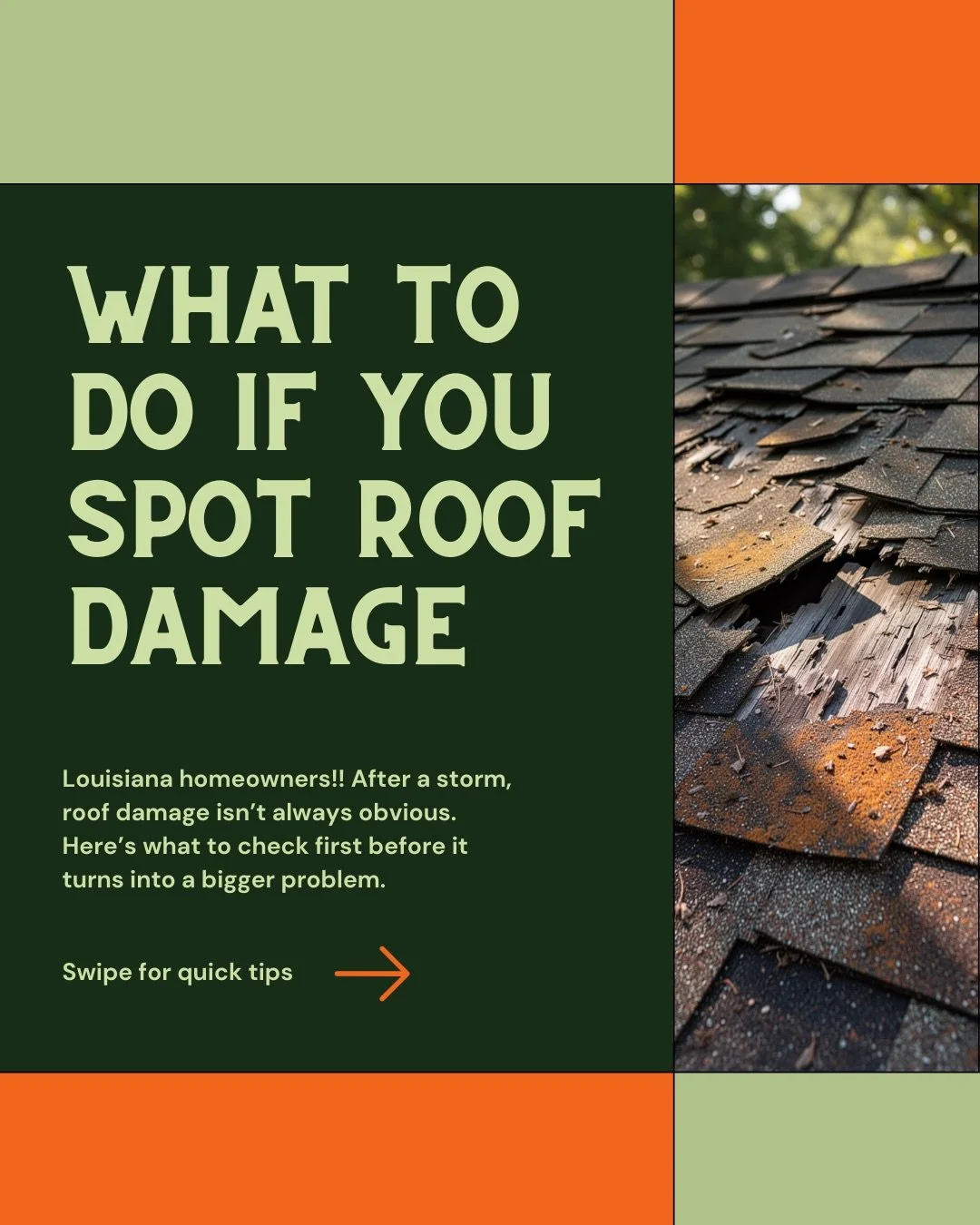 Hey Louisiana!!! 👋⚜️
If those storms rolled through your area, this is your sign to check your roof 👀

Roof damage isn&rsquo;t always obvious at first, and small issues can turn into big repairs real quick.

We put together a few simple things to l