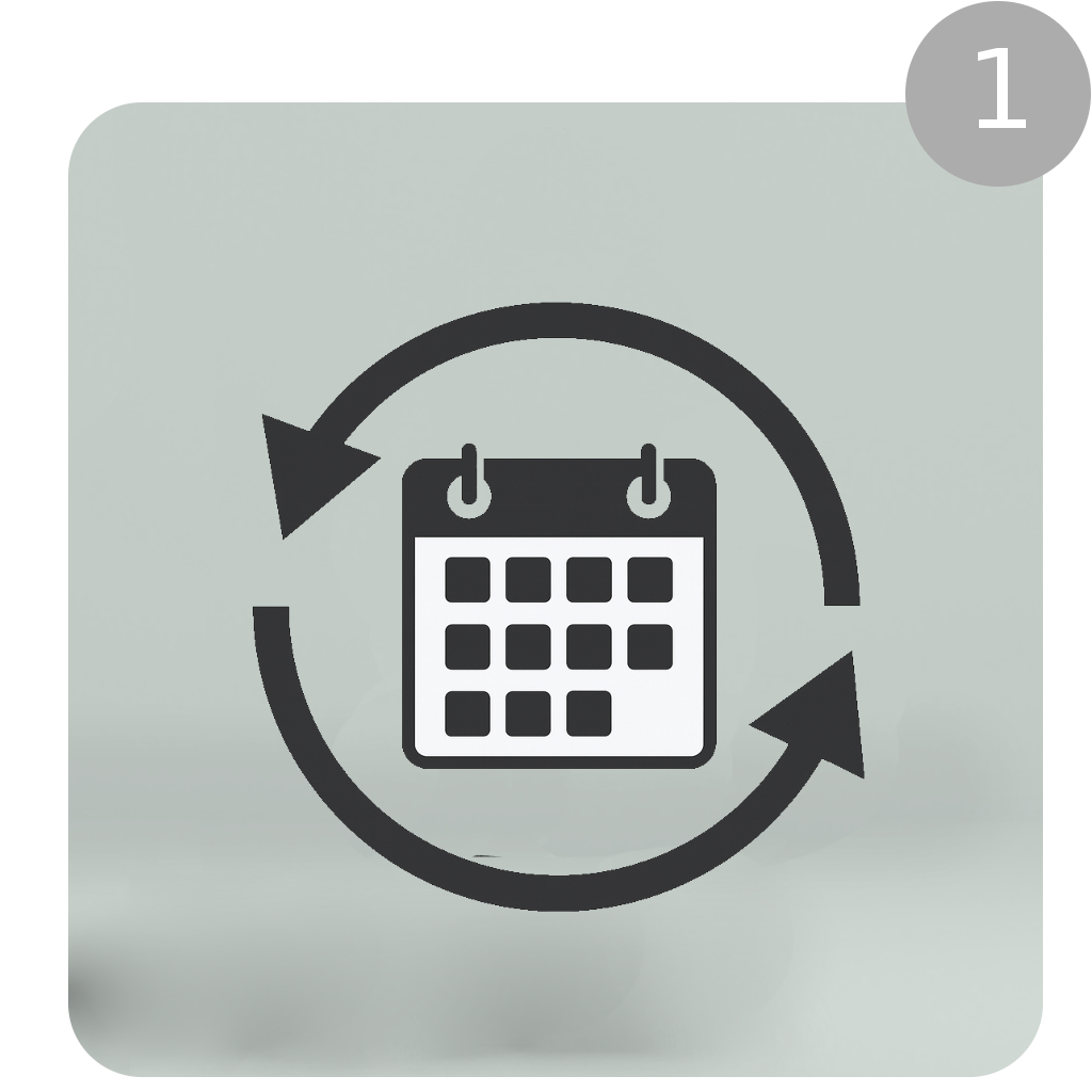 Icon of a calendar surrounded by circular arrows, indicating scheduling or recurring events.