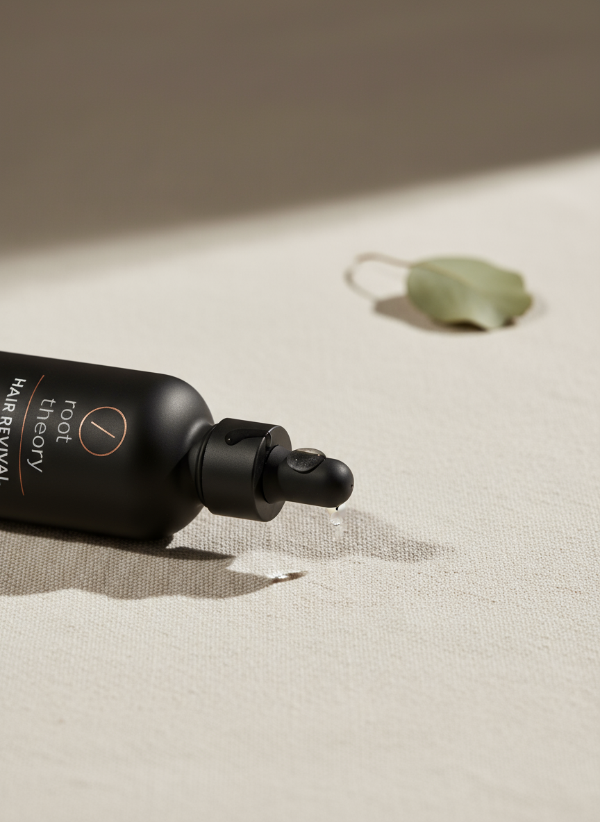 Black bottle labeled "Root Therapy Hair Revival" lying on fabric surface with a small amount of liquid dropped from the dropper, and a dried green leaf in the background.