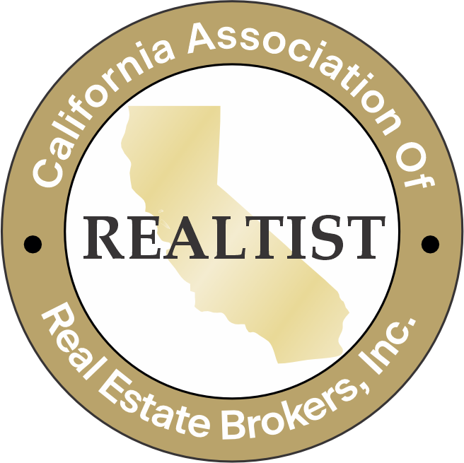 Logo of California Association of Realist Real Estate Brokers Inc., featuring a gold circular border with white text and a gold silhouette of California with the word 'REALIST' across it.
