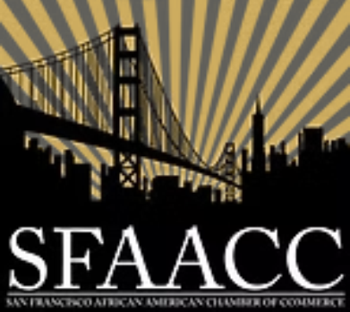 Silhouette of the San Francisco skyline and the Golden Gate Bridge with a yellow and brown striped background, featuring the text 'SFAACC' for the San Francisco African-American Chamber of Commerce.