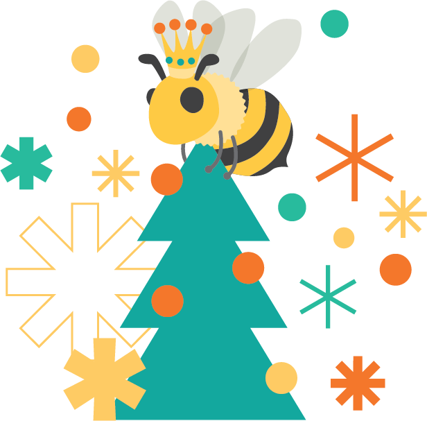 Cartoon bee with crown sitting on a Christmas tree surrounded by colorful snowflakes and circles.