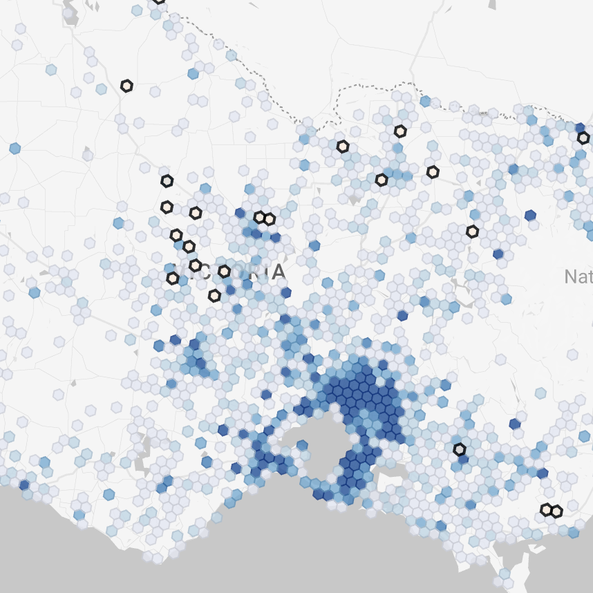 A color-coded hexbin map displaying data points across Victoria.