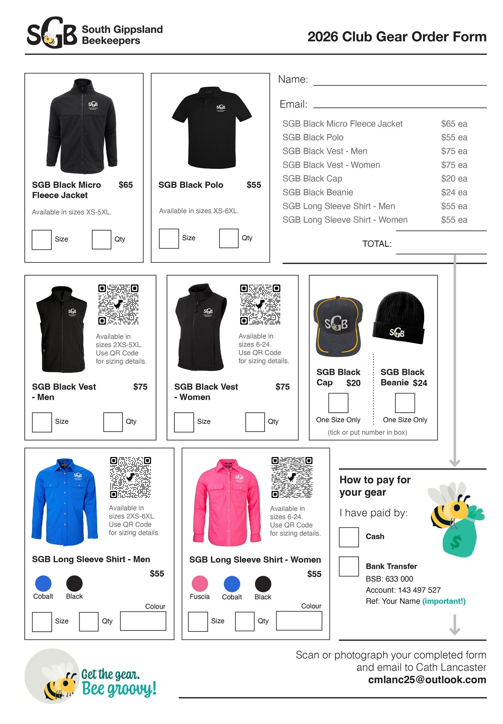 Order form for Club Merchandise