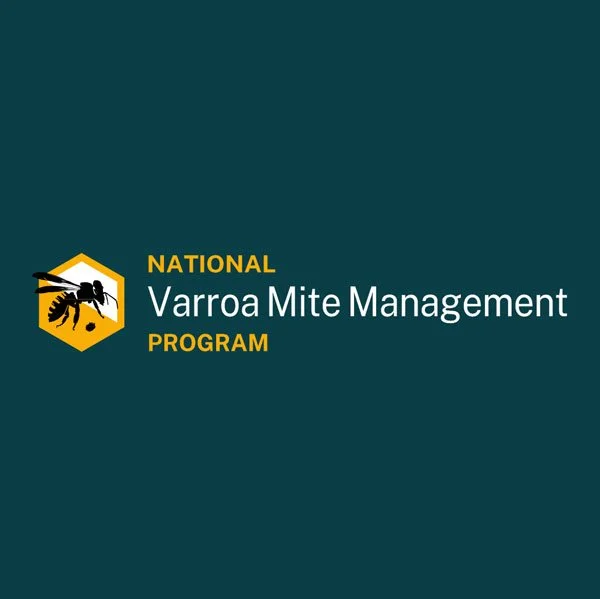 Logo for the National Varroa Mite Management Program, featuring a black insect inside a yellow hexagon with a bee silhouette and text in yellow and white.