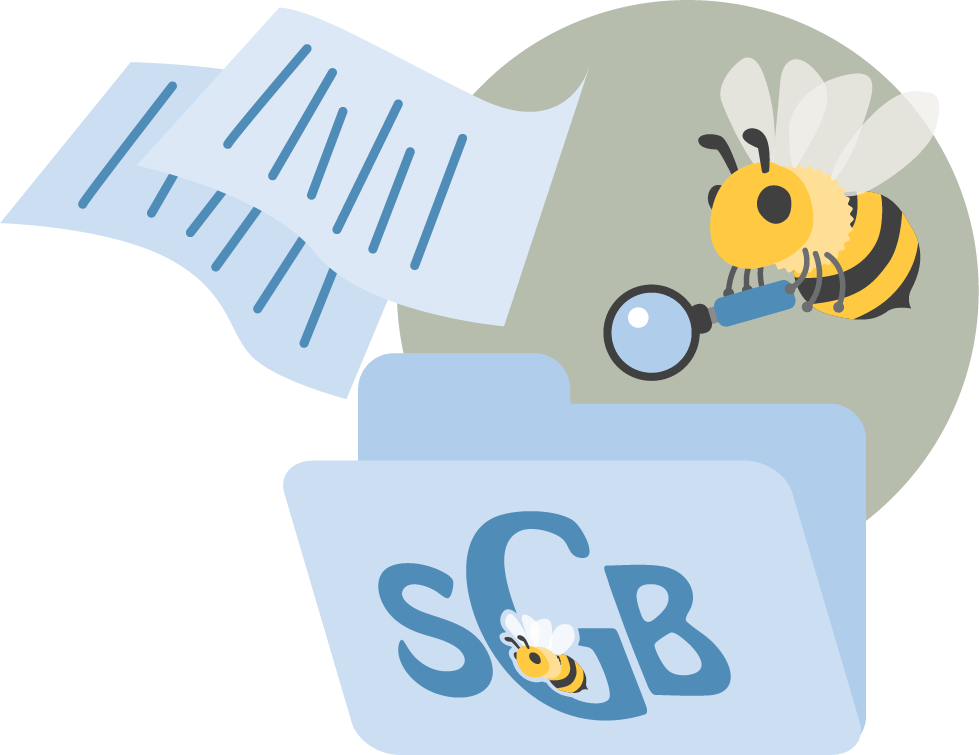 An illustration of a file folder with the letters S, G, and B on it. A bee with a magnifying glass is seen looking at the folder, and another bee is flying near a squiggly paper with blue lines.
