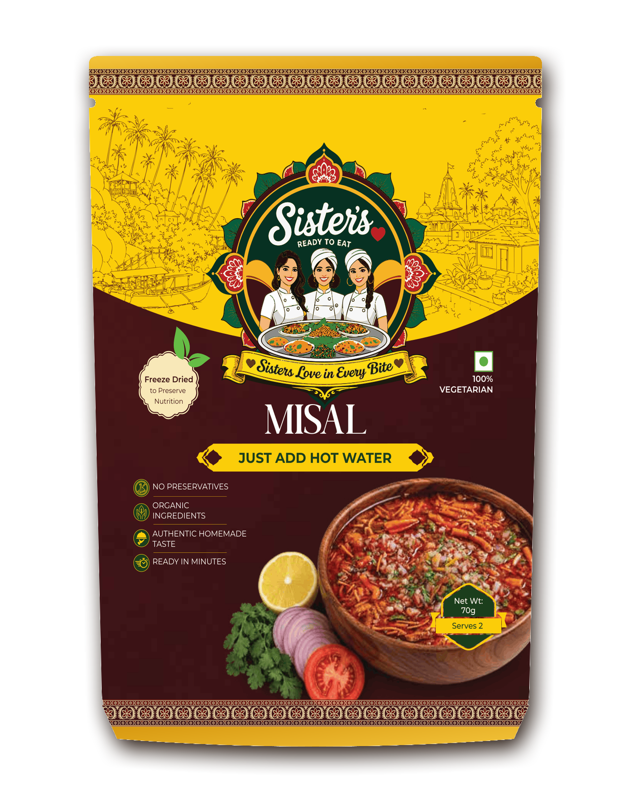 Front of a packet of Sister's Misal, an Indian vegetarian ready-to-eat meal, with a picture of a bowl of misal, and ingredients like lemon, onion, tomato, and cilantro.
