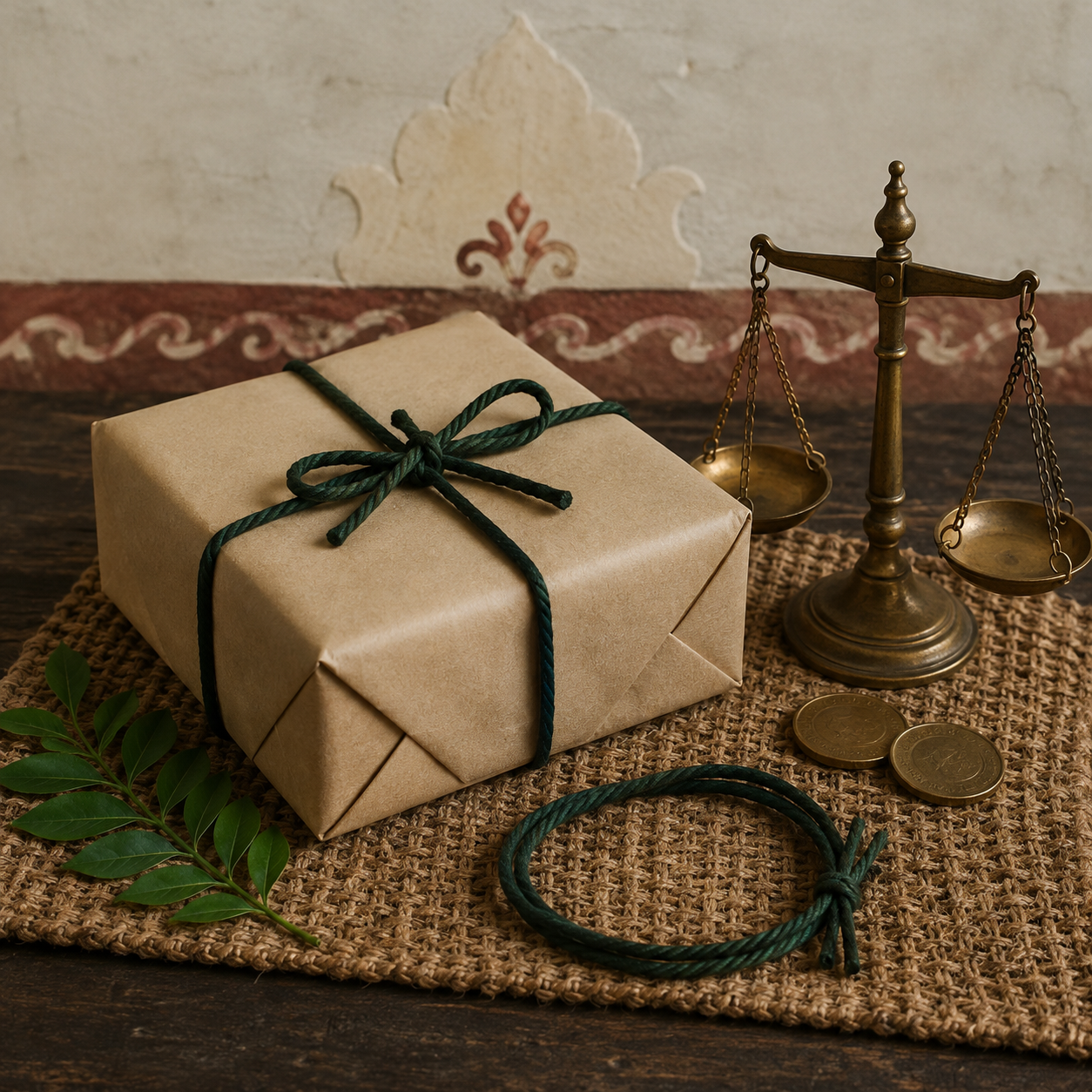 A gift wrapped in brown paper with a dark green ribbon, placed on a textured woven mat. A brass scale, some coins, a green leafy branch, and a dark green cord are also on the mat, against a vintage wall background.