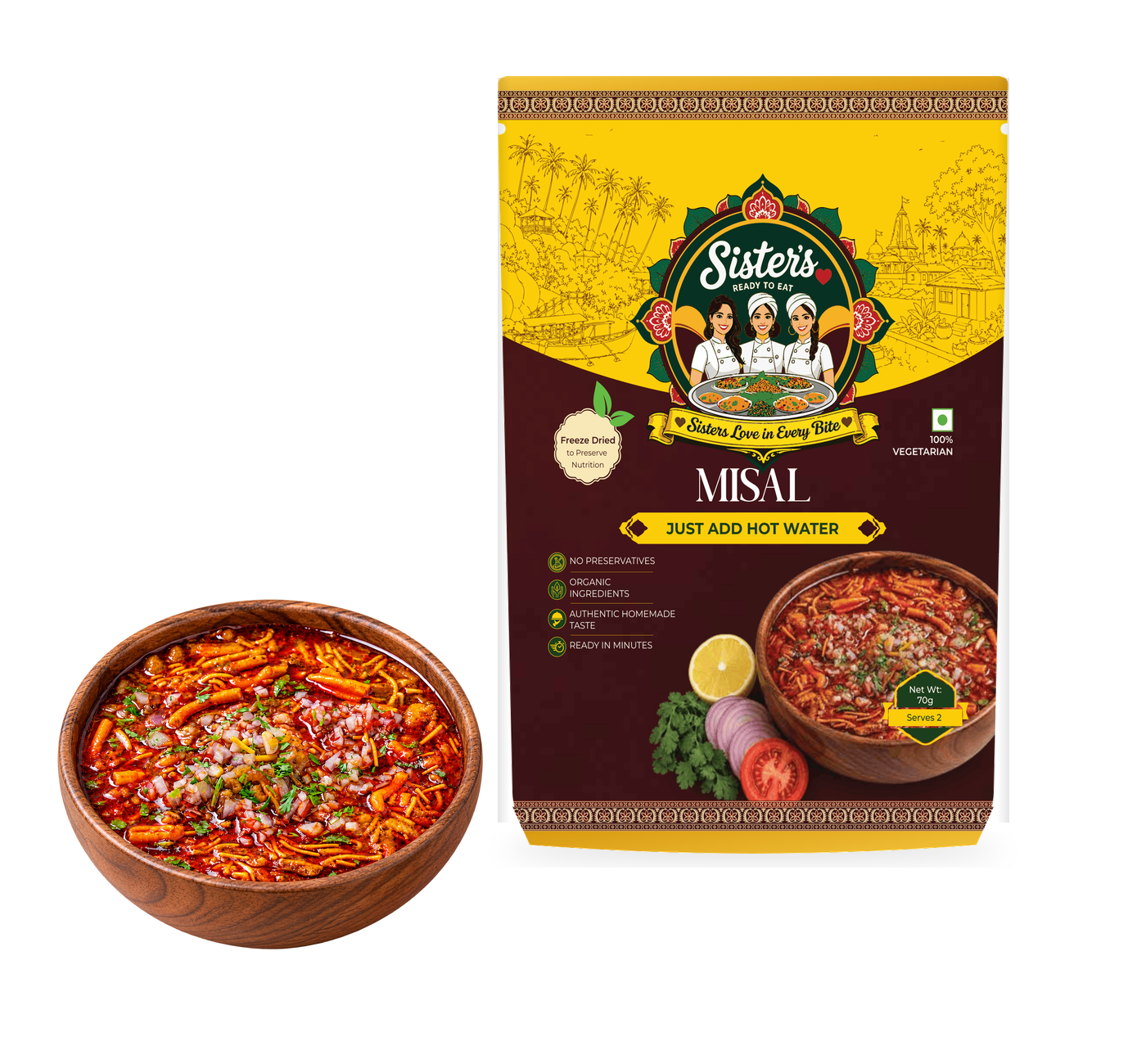 SistersLove Misal pouch beside a bowl of Misal topped with farsan and onions.