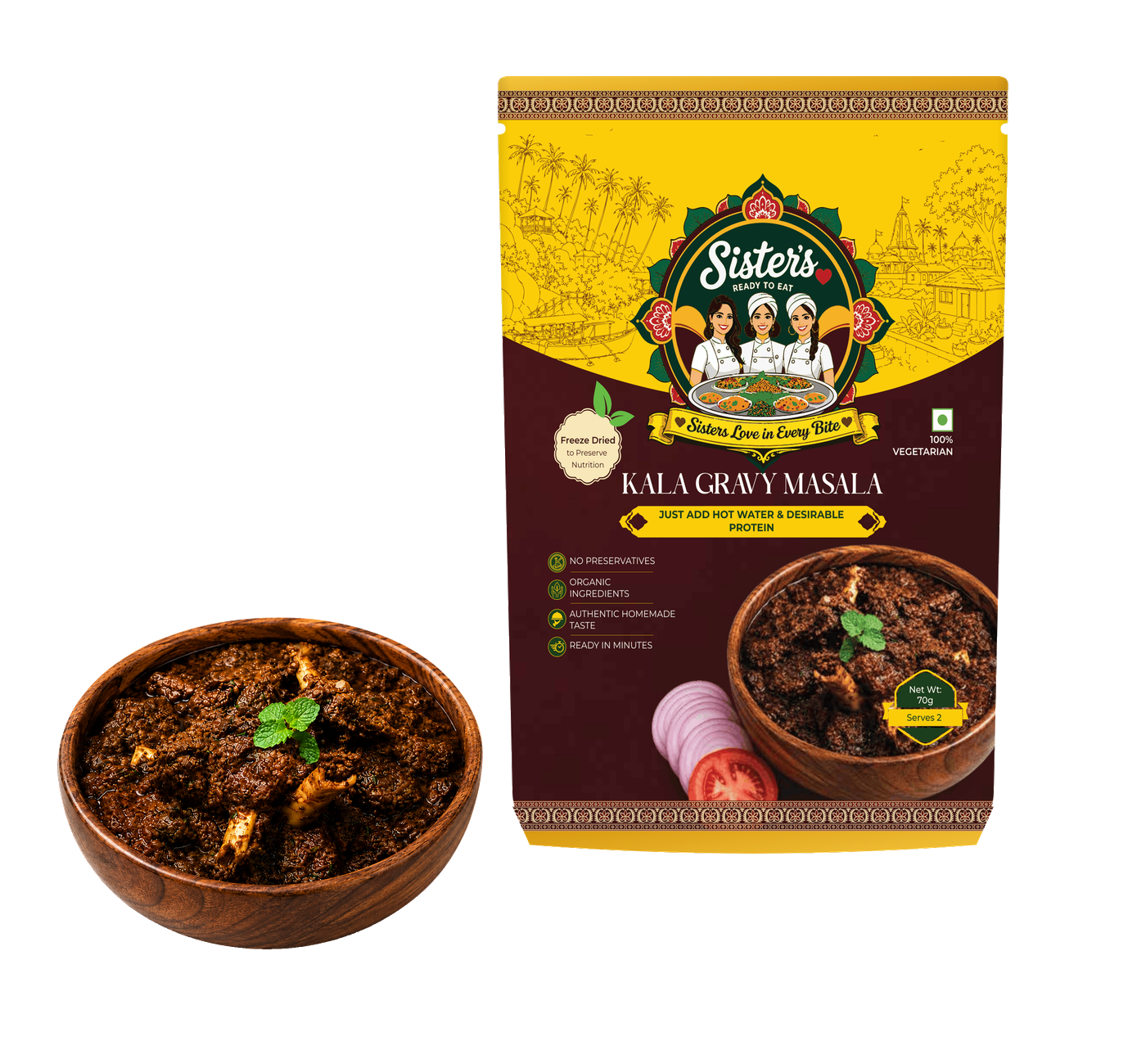 SistersLove Kala Mutton Gravy pouch beside a bowl of dark Maharashtrian mutton curry.