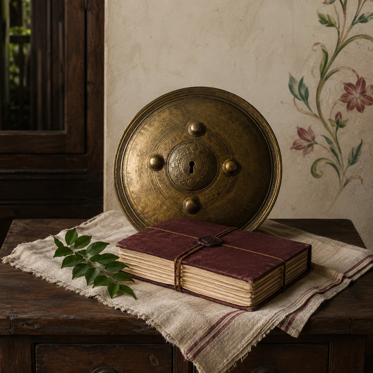 An antique brass lock with a keyhole, resting on an old red book tied with string, placed on a wooden table with a cream cloth, next to a small branch with green leaves, in a cozy vintage room.