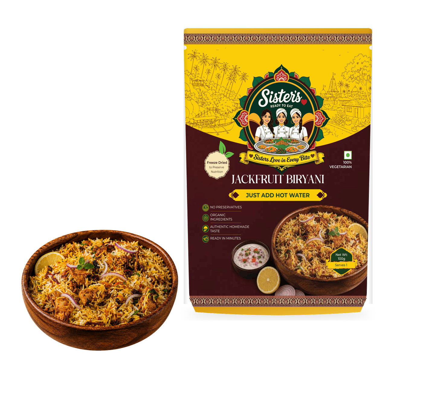 SistersLove Jackfruit Biryani pouch beside a bowl of jackfruit biryani.
