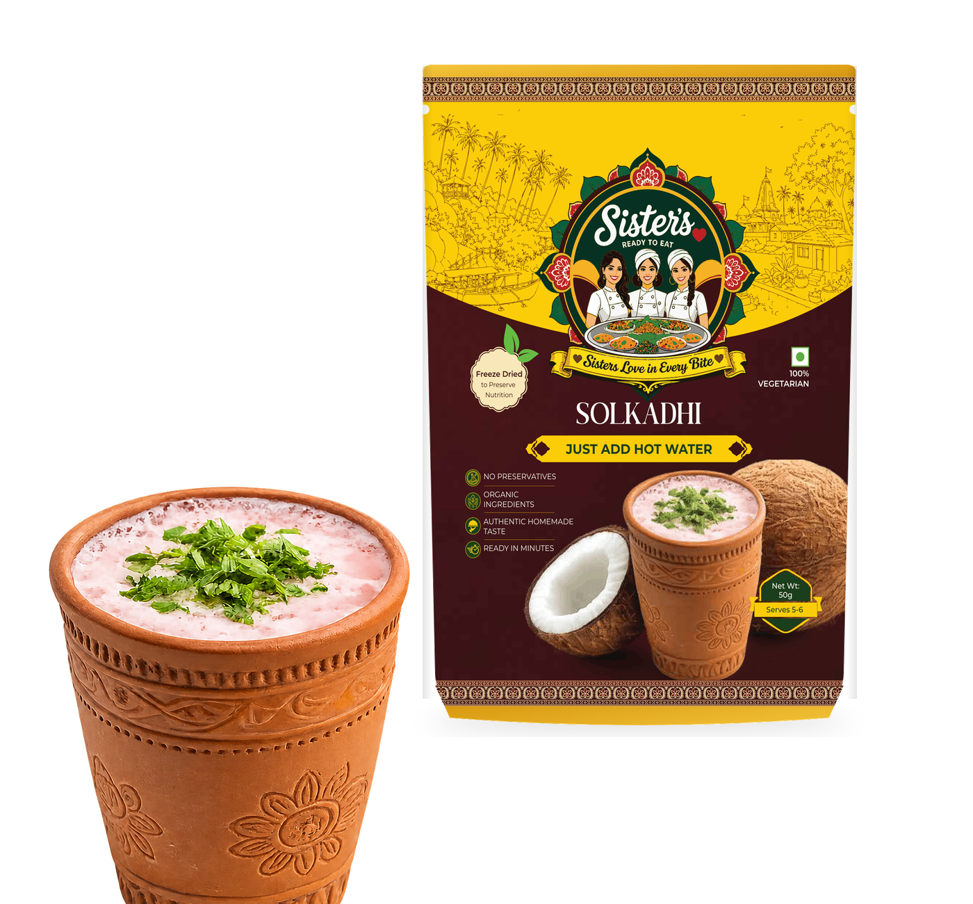 SistersLove Solkadhi pouch beside a glass of pink kokum and coconut drink.
