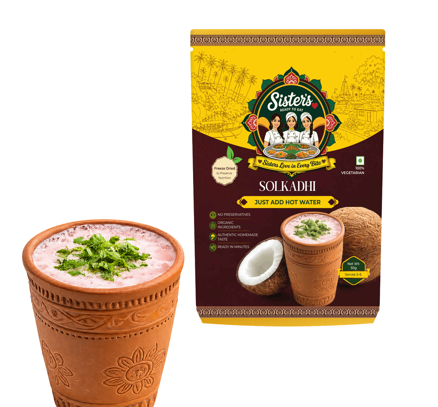 SistersLove Solkadhi pouch beside a glass of pink kokum and coconut drink.