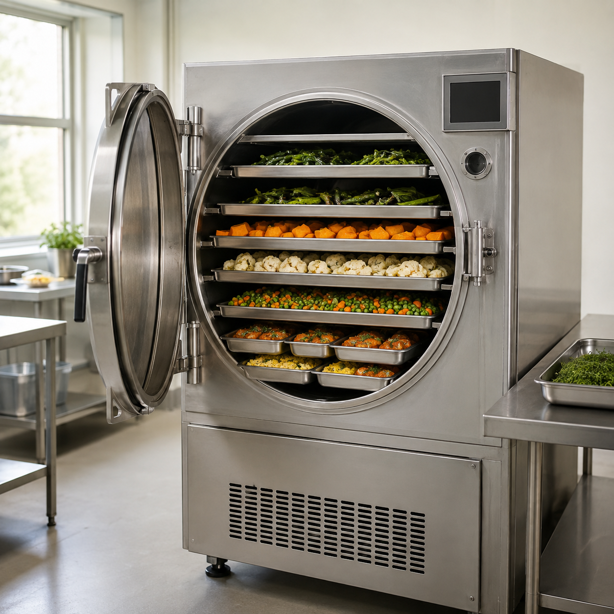 Commercial food steamer with trays of vegetables and cooked dishes inside in a professional kitchen.