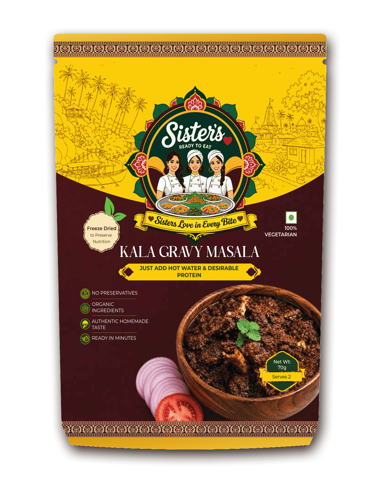 Packaged Kala Gravy Masala with a yellow and brown design, featuring an illustration of three women chefs, a scenic background of palm trees and traditional buildings, and a bowl of cooked curry, labeled as vegetarian, preservative-free, organic, homemade, quick, and serving two people.
