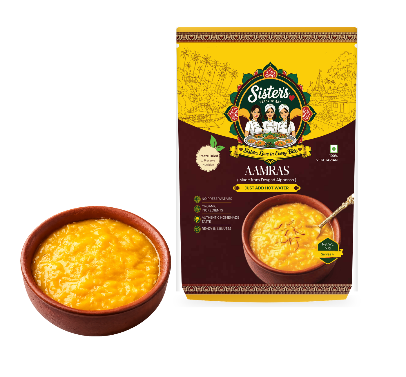 SistersLove Aamras pouch displayed beside a bowl of golden mango pulp.