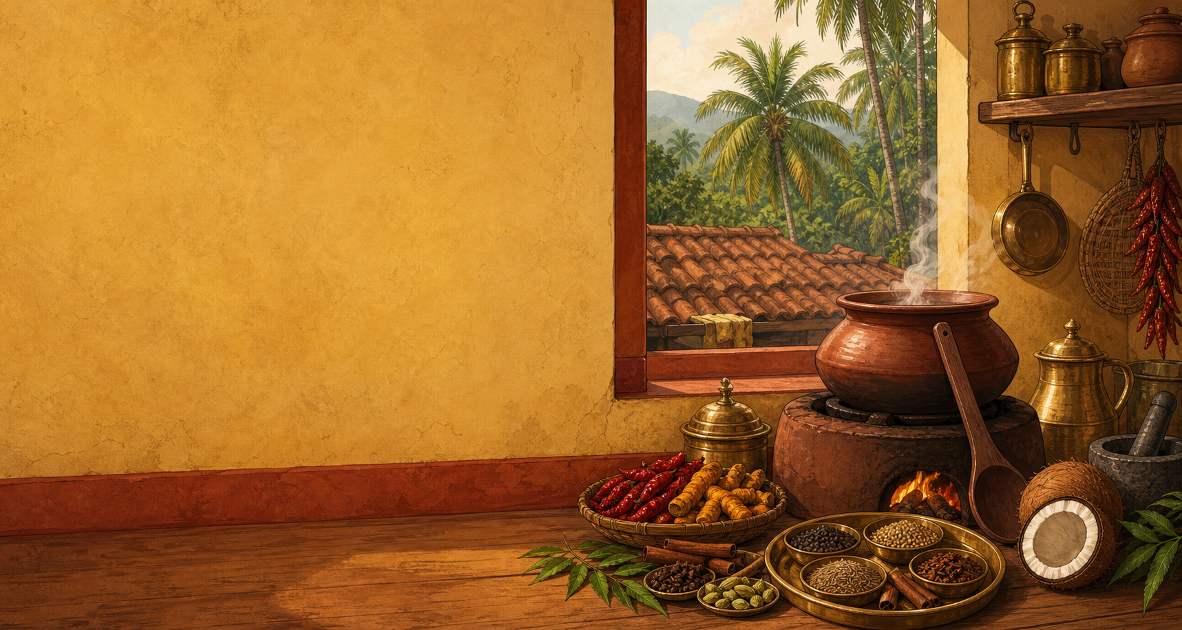 A cozy kitchen scene with a clay pot steaming over a stove, surrounded by spices, herbs, and cooking utensils. An open window reveals a tropical landscape with palm trees and distant mountains.