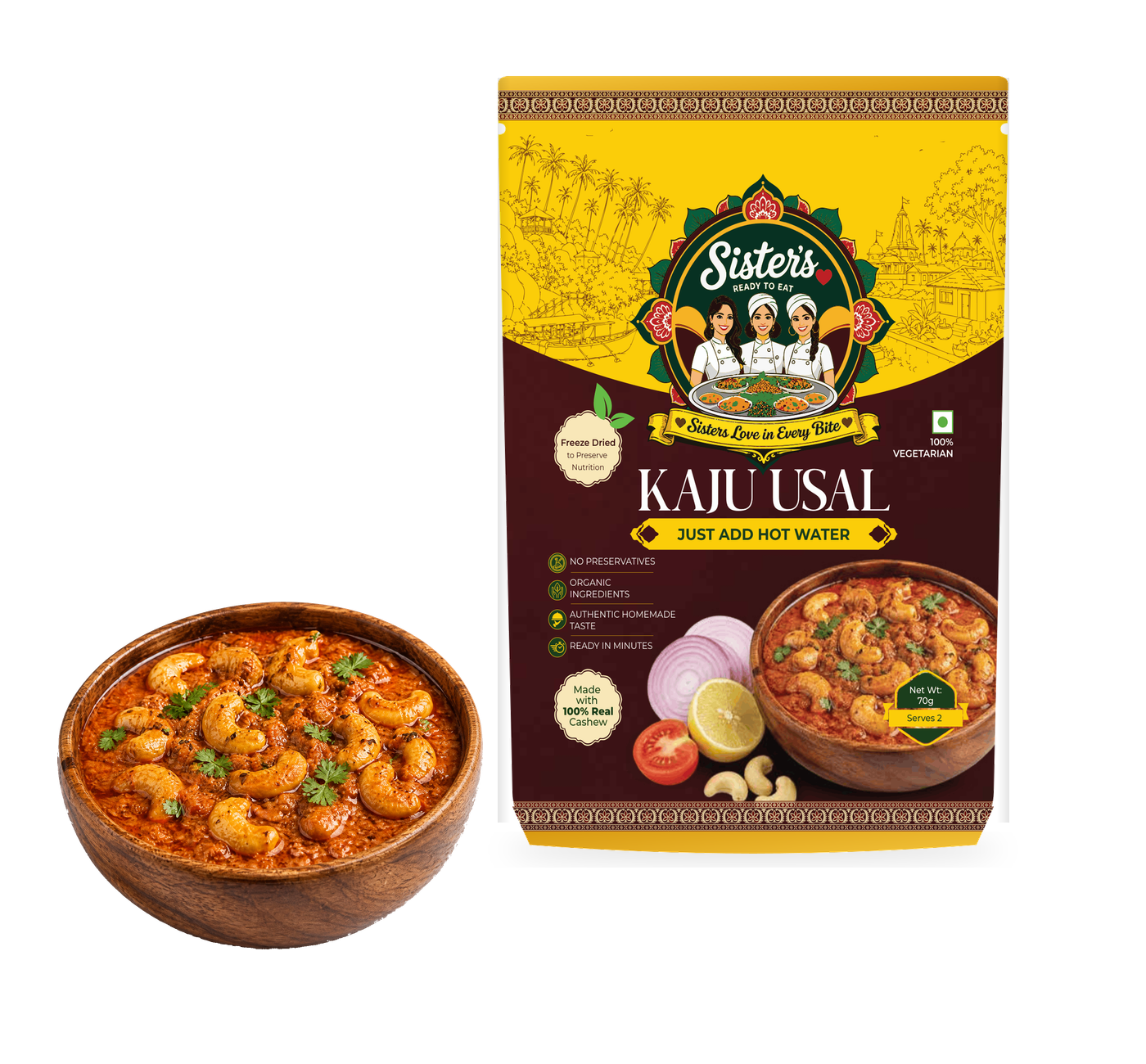 SistersLove Kaju Curry pouch beside a bowl of rich cashew curry.