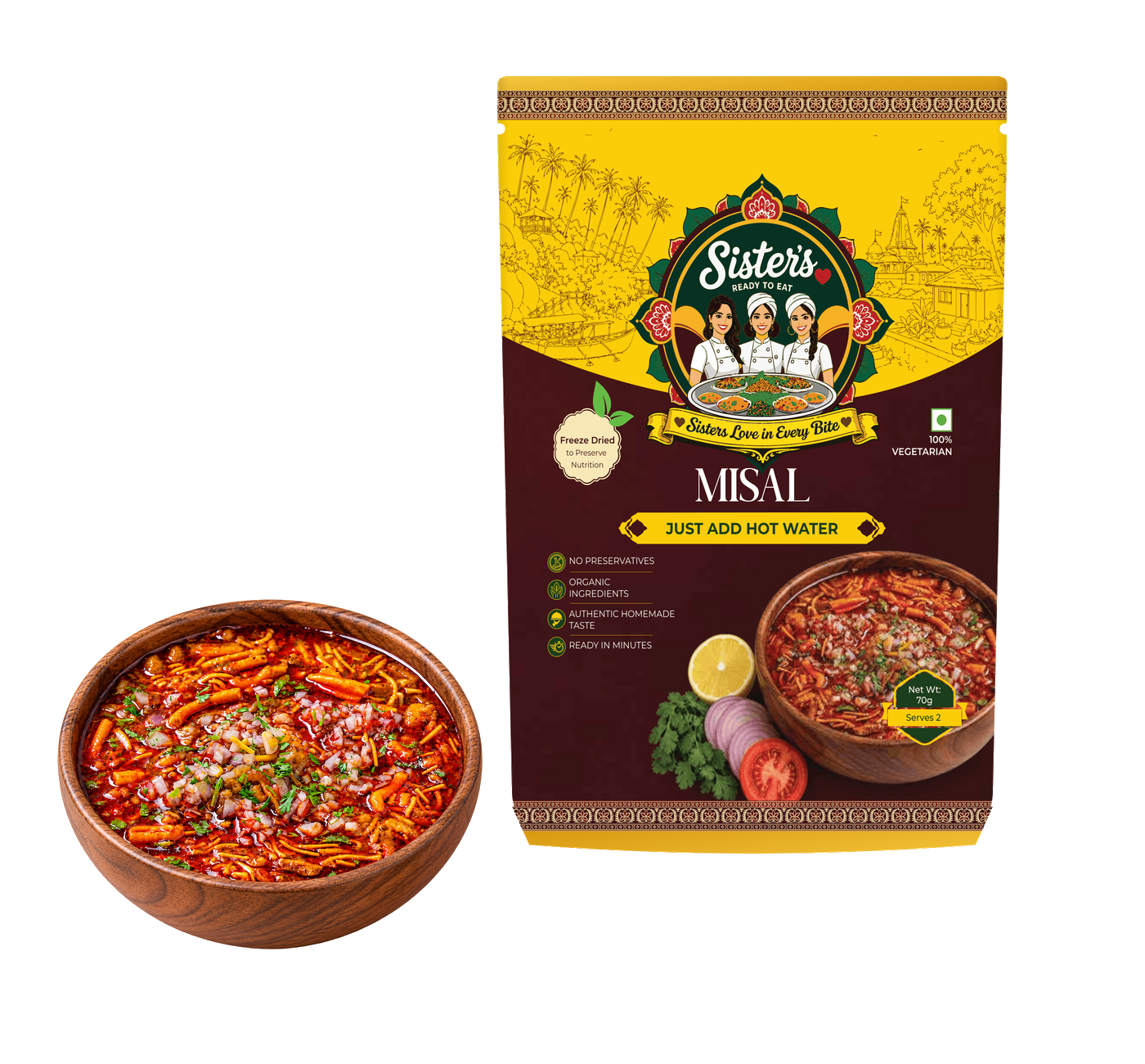 SistersLove Misal pouch beside a bowl of Misal topped with farsan and onions.