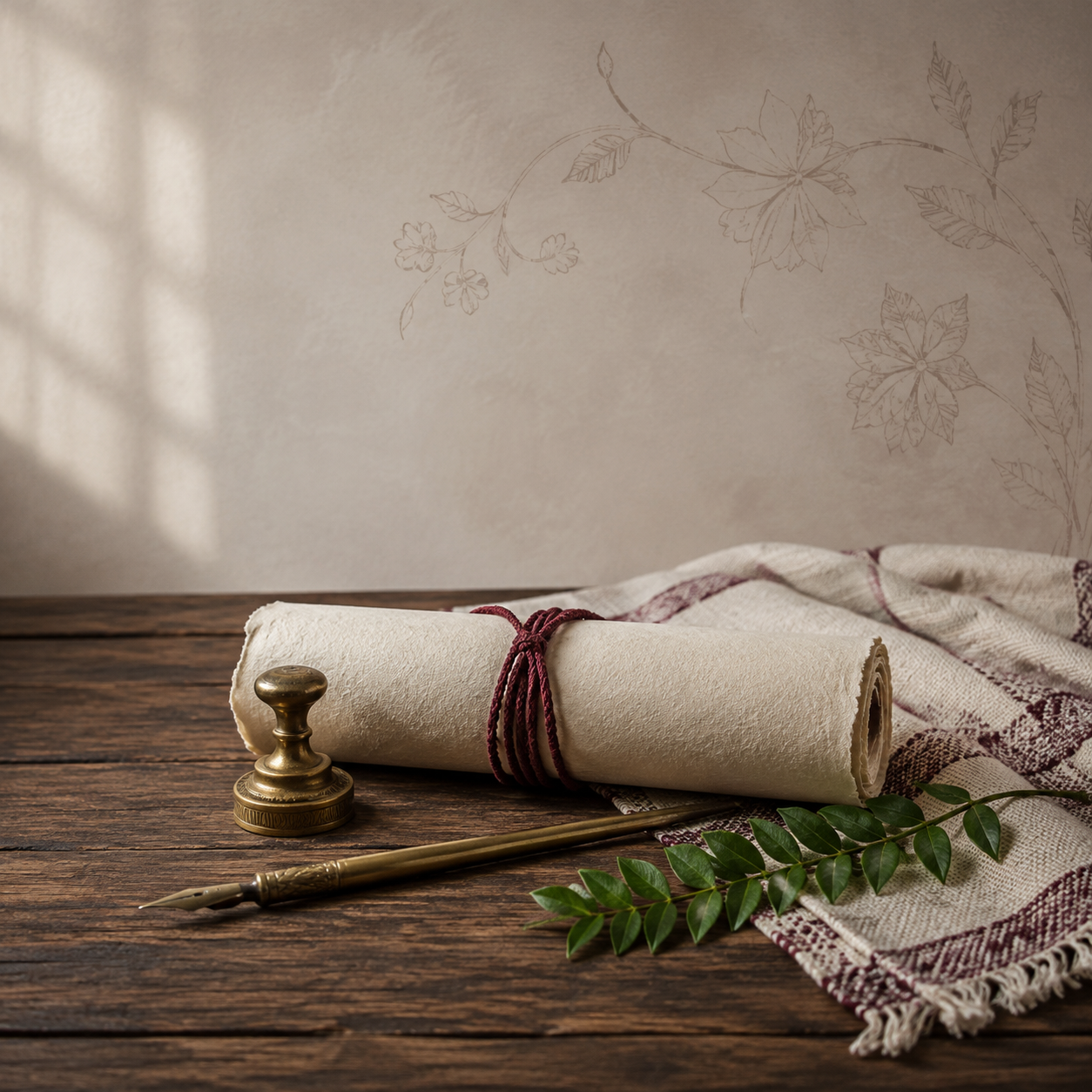 Antique seal, fountain pen, rolled parchment tied with red string, green leafy branch, and a cloth on a wooden table with floral wallpaper in the background.