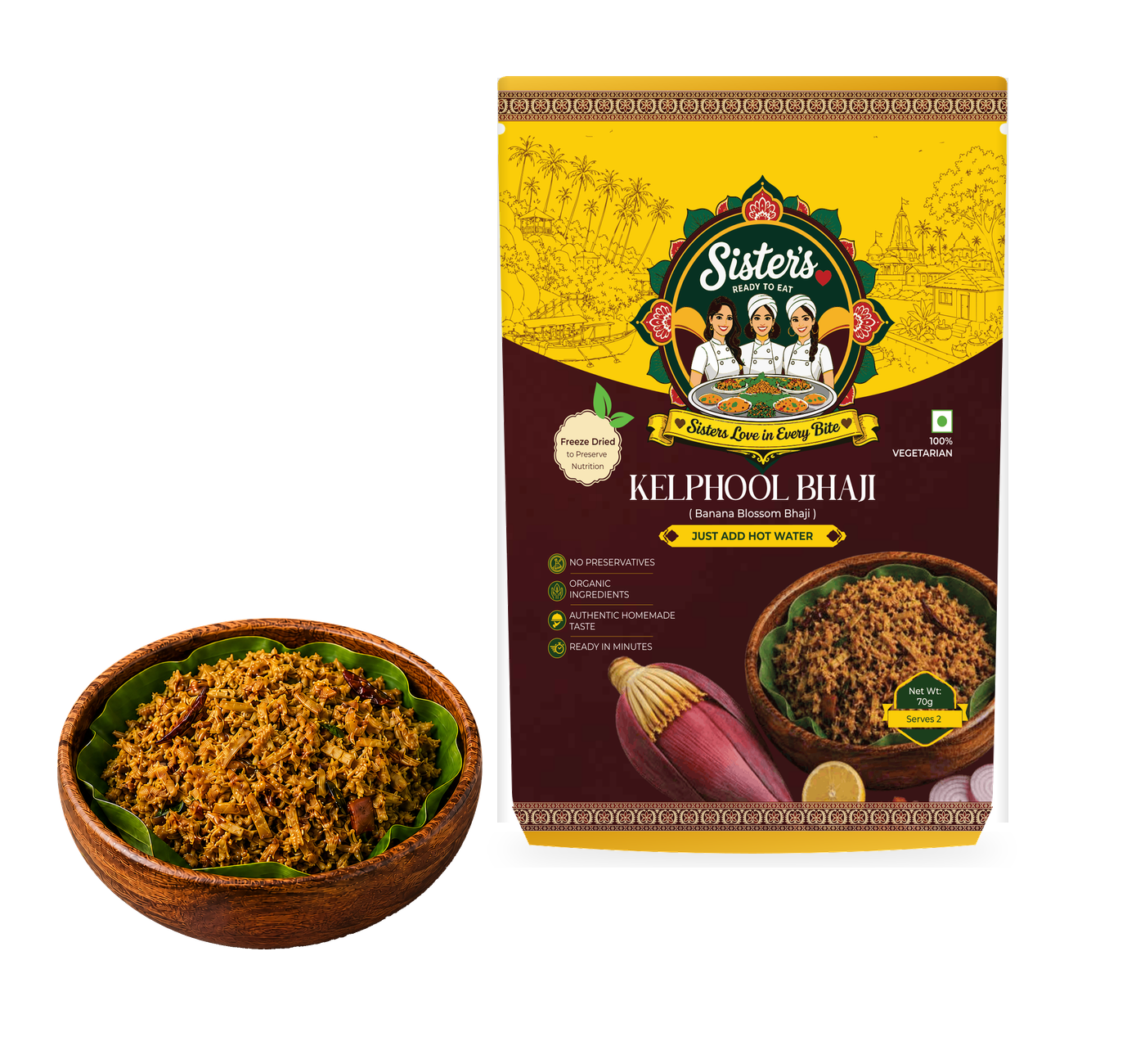 SistersLove Kelphool Bhaji pouch beside a bowl of banana-blossom vegetable curry.