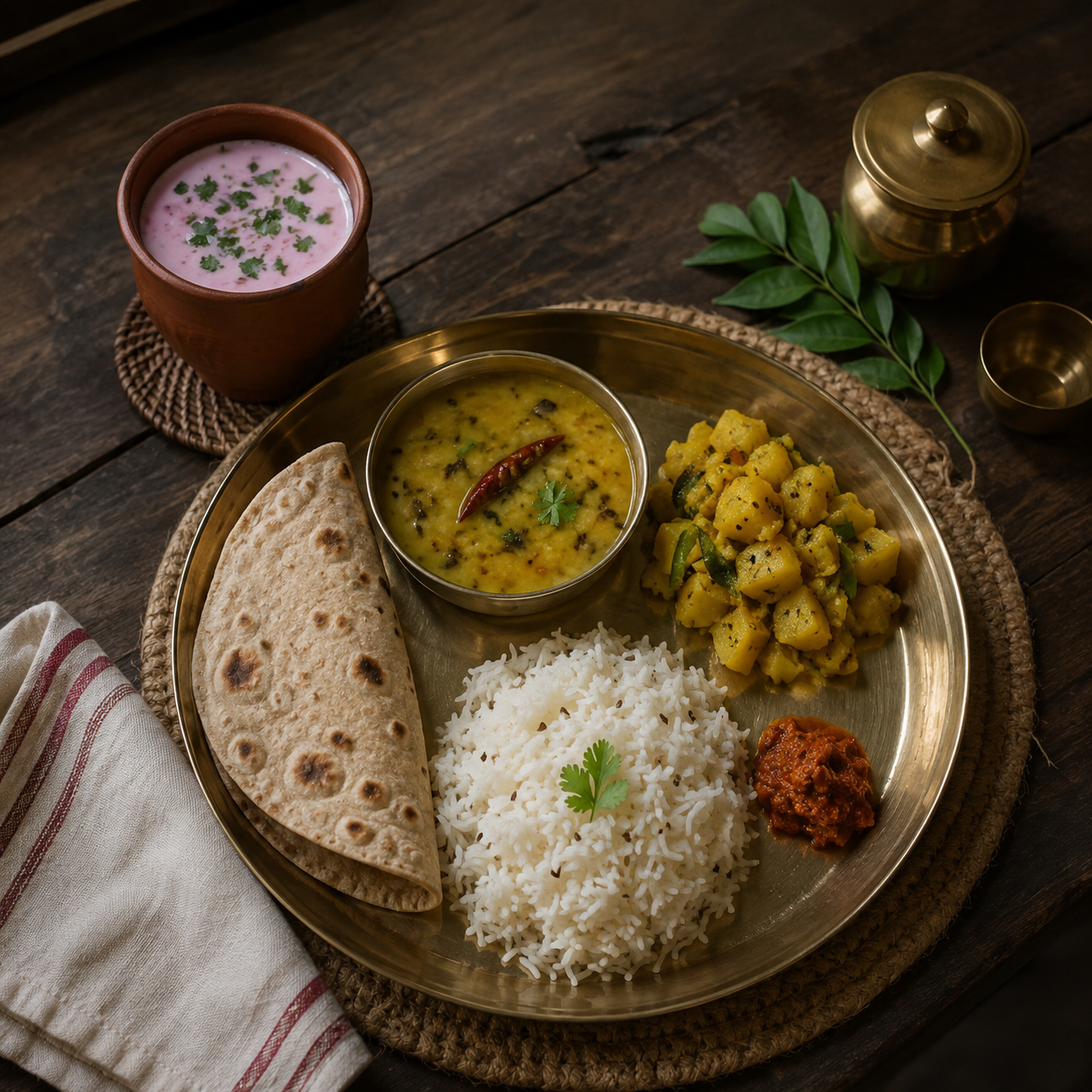 Indian thali meal with rice, chapati, potato curry, lentil soup, chutney, and yogurt drink on a brass plate, set on a wooden table with a napkin.